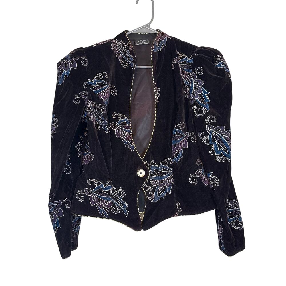 Vintage Cachet Velvet Cropped Purple Bolero Jacket Medium Statement Puff Sleeves